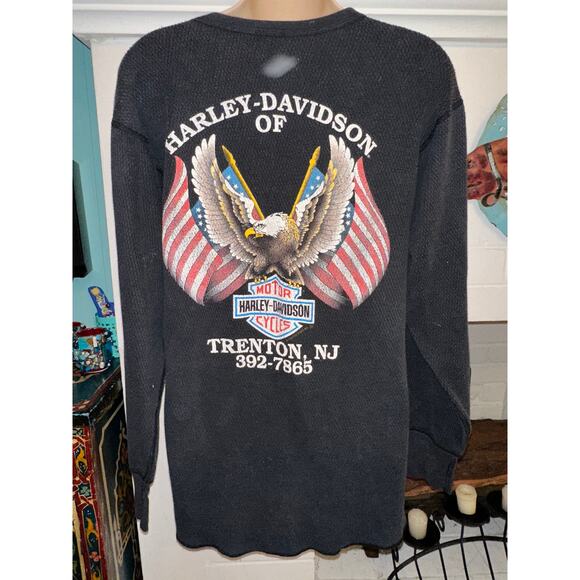 VINTAGE 1992 HARLEY THICK THERMAL LONG SLEEVE TEE TOP 2 SIDED UNISEX - Picture 2 of 12